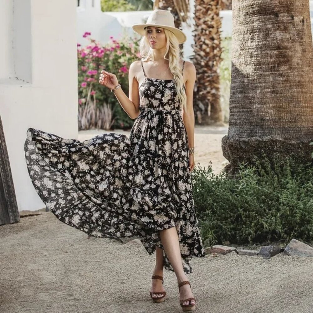 Spell Gypsy Dancer Strappy Sundress Maxi Gown in Caviar Small